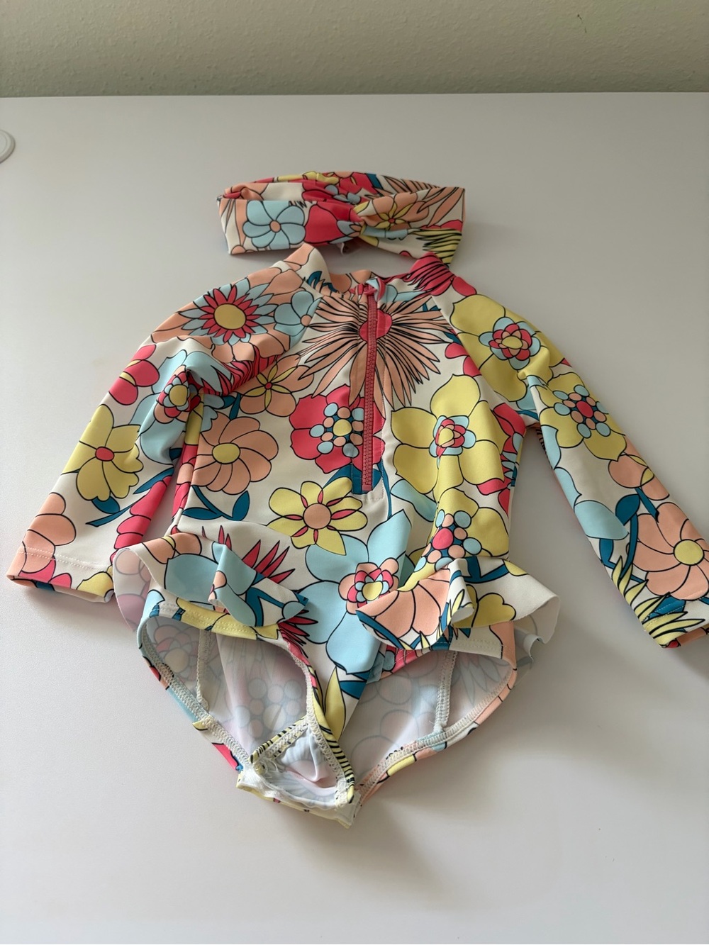 Girls' Floral Long-Sleeve Rash Guard Swimsuit with Headband - Multicolor